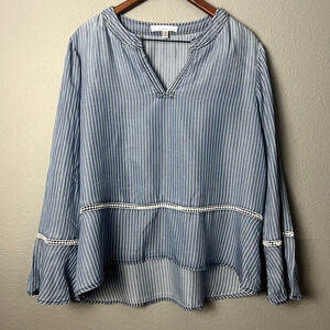 Fourteenth Place Blouse‎ Women XXL Blue Striped Long Sleeve Bell Sleeve V Neck